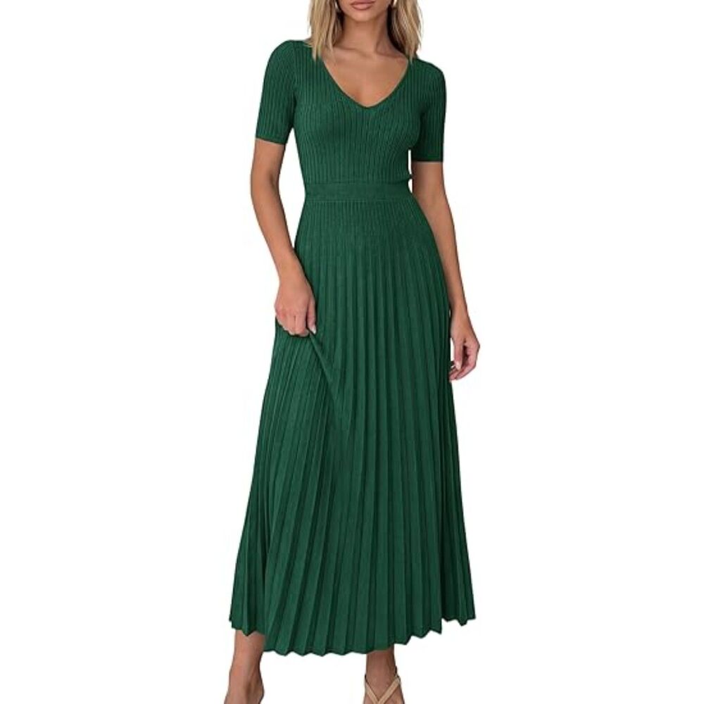 Women's Dark Green Viscose V Neck Short Sleeve A Line Summer Casual Midi Dress